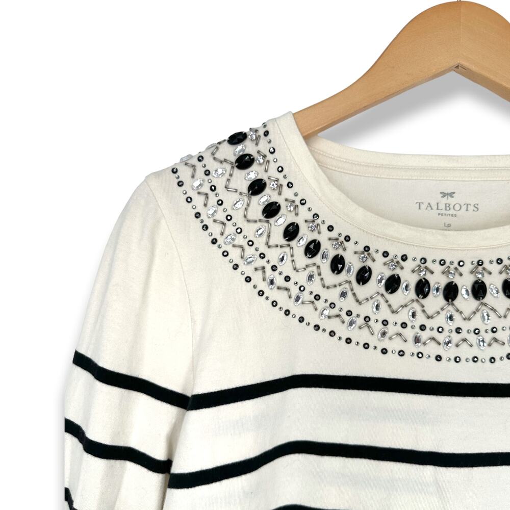 Talbots Petites | Large | Cream w/ Black Stripes Jewel Embellished Neckline Top - Picture 2 of 6